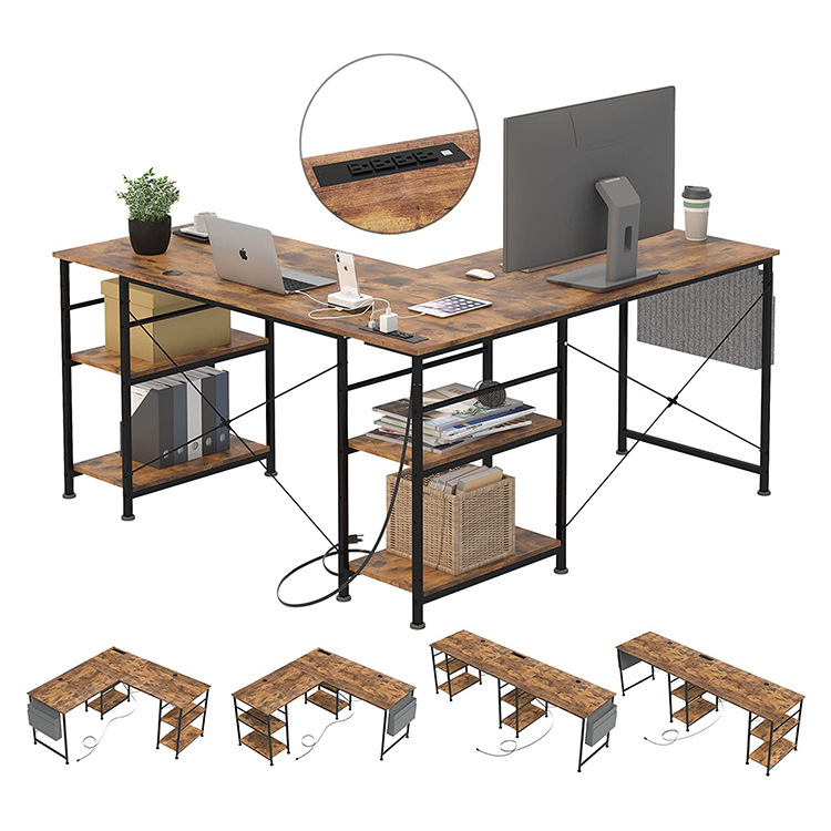Large Computer Gaming Desk with Power Outlet Reversible Home Office Desk L Shaped Table Corner Table