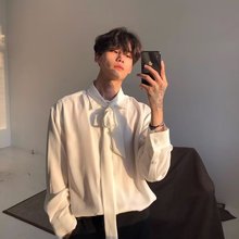 春秋季新款衬衫男韩版宽松休闲简约清新纯色领结长袖休闲衬衣小众