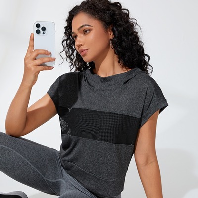 健身跑步外套瑜伽運動寬松休閑網紗美背罩衫連帽上衣拼色外搭罩衫