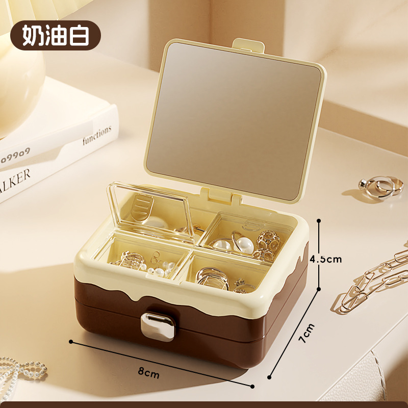 Caja de almacenamiento de joyas con espejo de maquillaje pernos de orejas anillo de almacenamiento portátil exquisita mini caja de joyas multicapa para el hogar