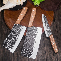 Hand-forged kitchen knife set for home use, including a slicing knife, a meat knife, and a chef's knife for bone chopping