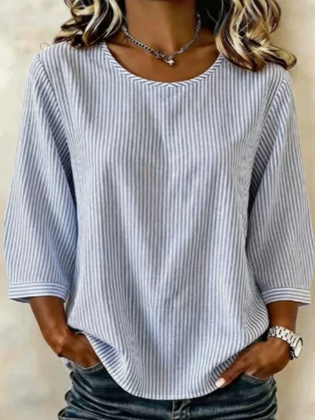 2026 European and American Fashion Spring and Summer New Striped Loose Long-Sleeved Round Neck Tops Women's Fashionable Casual Shirts