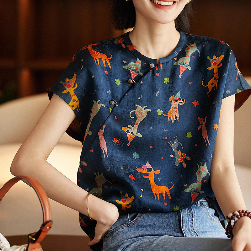 "Yixixiang • Cute Chinese Style Clothing" Intangible Cultural Heritage Xiangyun Silk/Sangbo Satin Jacquard Short Top T-Shirt Women's Summer Wear
