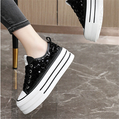 Soft-soled canvas shoes with height-increasing soles, summer thin breathable women's shoes with sparkling thick soles, casual white shoes