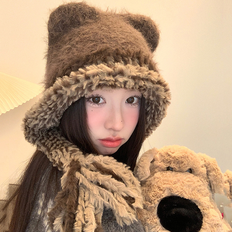 秋冬季撞色毛边护耳帽子保暖辫子可爱套头帽猫耳朵显脸小针织帽女|undefined