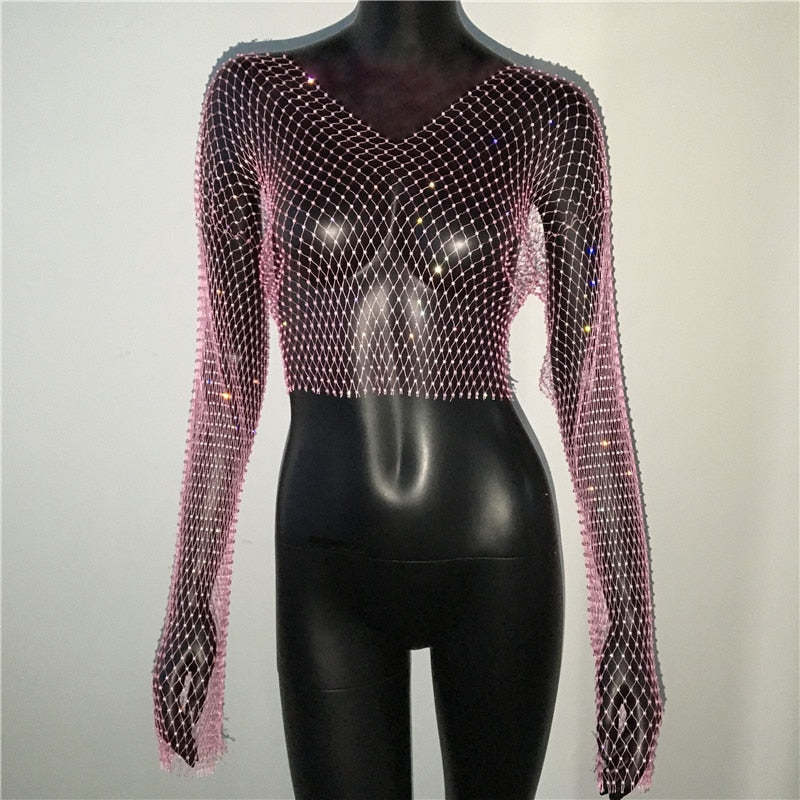 De Europa y América transfronteriza de las mujeres calientes de malla de diamantes de imitación red de pesca de manga larga Sexy Slim rhinestone Top party chica caliente de manga larga