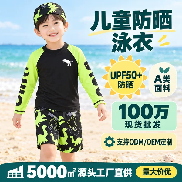 2026 New Model Children's Boys' Swimwear, Cross-Border Swimwear for Boys, Two-Piece Long-Sleeve Sun-Protective Children's Swimwear Wholesale