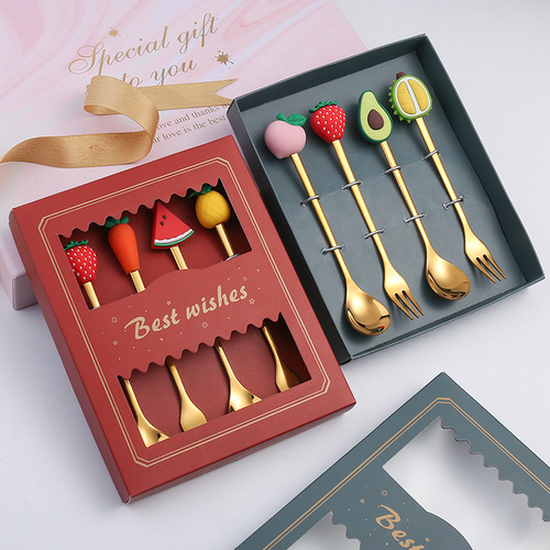 L Cartoon Children's Tableware Cute Q-version Stainless Steel Spoons and Forks Gift Set Creative Baby Fruit Fork