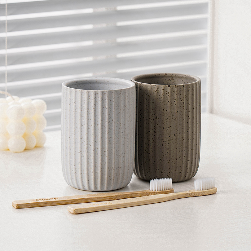Modern Minimalist Ceramic Striped Vertical Pattern Couple's Toothbrush Mouthwash Cup, Bathroom Wash Cup_voghion.com