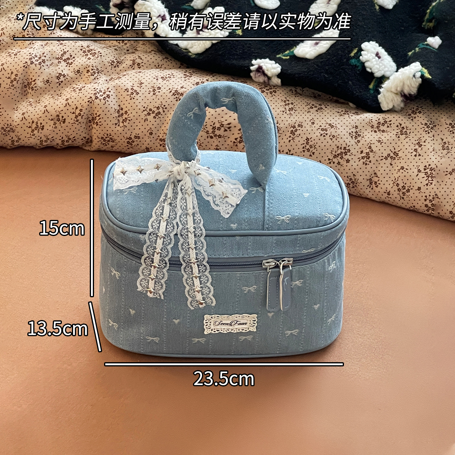 Nueva bolsa de cosméticos portátil de encaje de mezclilla linda, bolsa de lavado de viaje de almacenamiento de cosméticos de gran capacidad portátil