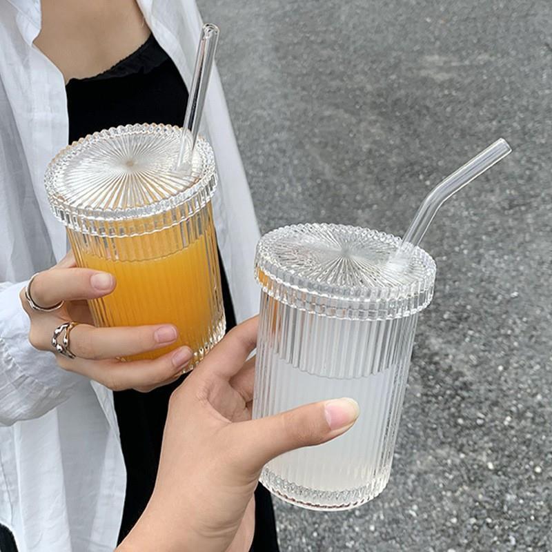 Viento a rayas taza de paja con tapa de cristal simple taza de agua taza del hogar taza de bebida taza de leche taza de desayuno jugo