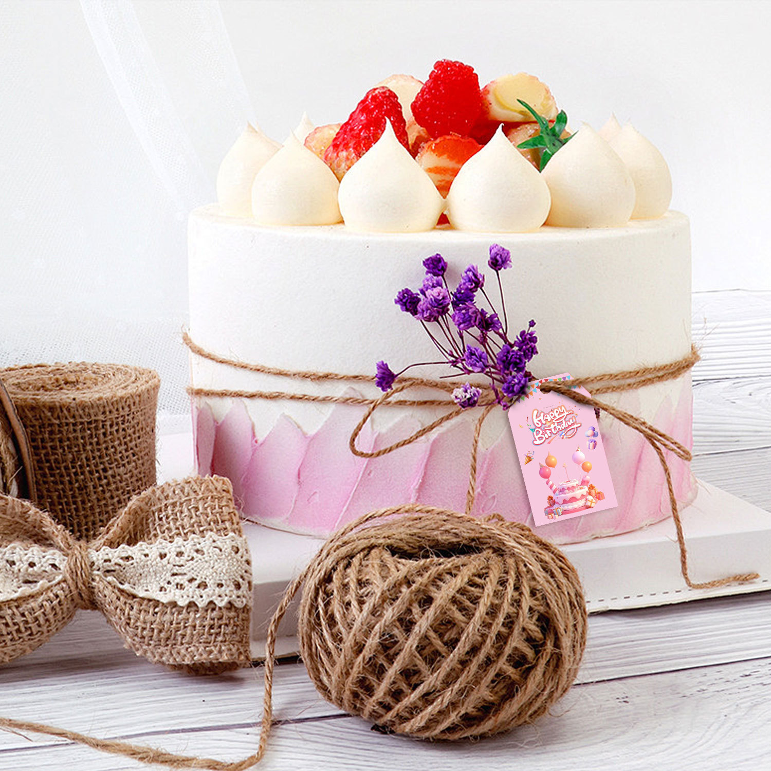 烘焙必备粉色纸质蛋糕吊牌 配麻绳亚马逊跨境可手写感谢 DIY 吊牌