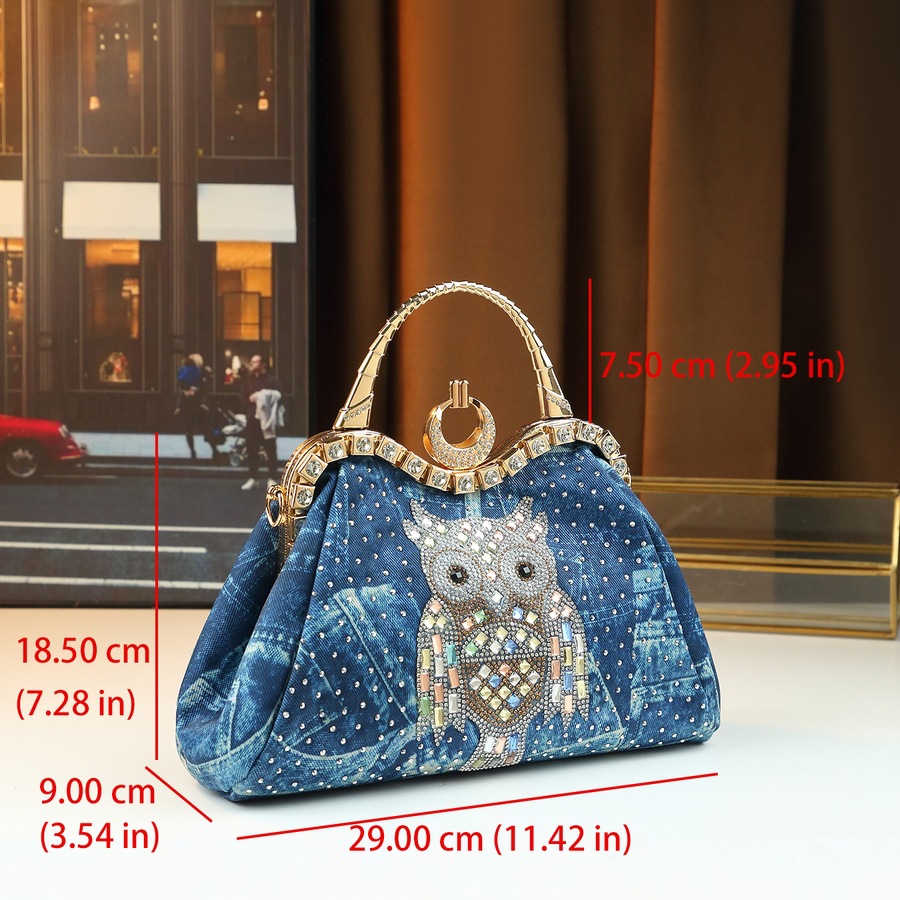 Elegante borsa a tracolla da donna in denim con decorazioni di strass, a forma di gufo, sofisticata e alla moda._voghion.com