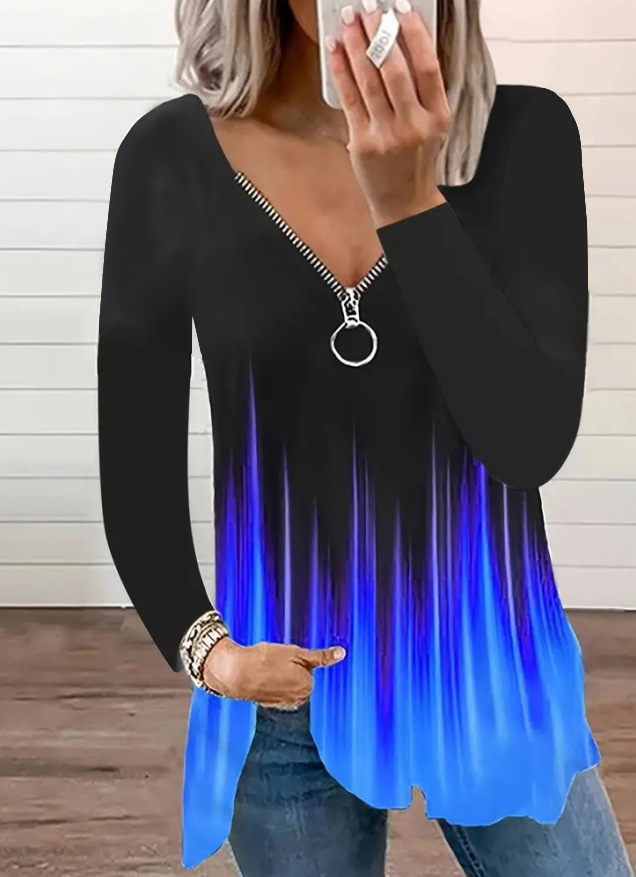 Lässige, modische Langarmshirts mit V-Ausschnitt und Reißverschluss für Damen_voghion.com