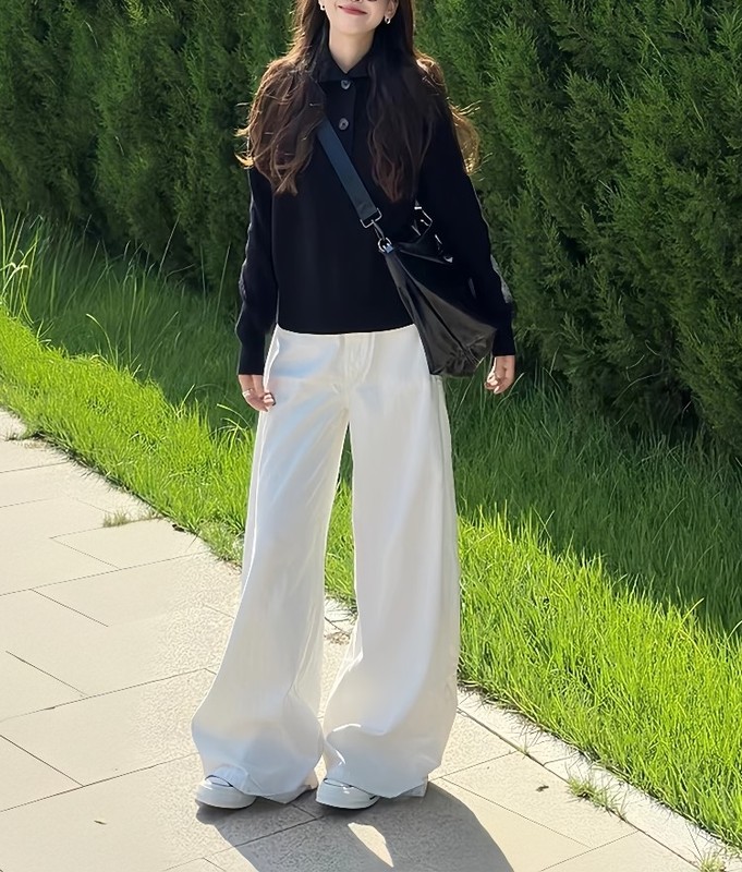 早秋气质一整套ootd穿搭简约通勤黑色长袖针织上衣阔腿裤子两件套|undefined