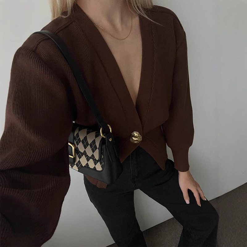 Solid Color V-neck Long Sleeve Cardigan Sweater 2024 European and American Cross-border Autumn and Winter Knitted Women's Comfortable Casual All-match Jacket