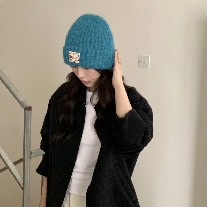 蓝色韩系氛围感！秋冬保暖针织毛线帽子女纯色防寒布标套头帽护耳|undefined