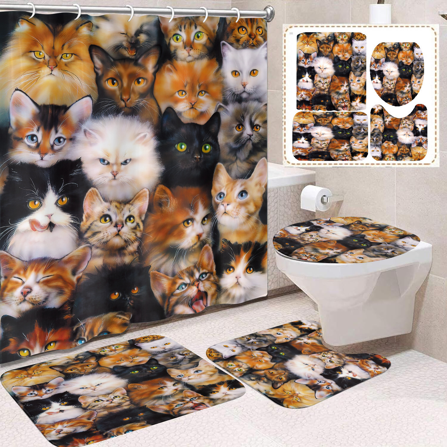 Fuente de fabricantes Amazon animales gatos niños cortina de ducha impermeable a prueba de moho cortina de ducha inodoro partición de baño divertido
