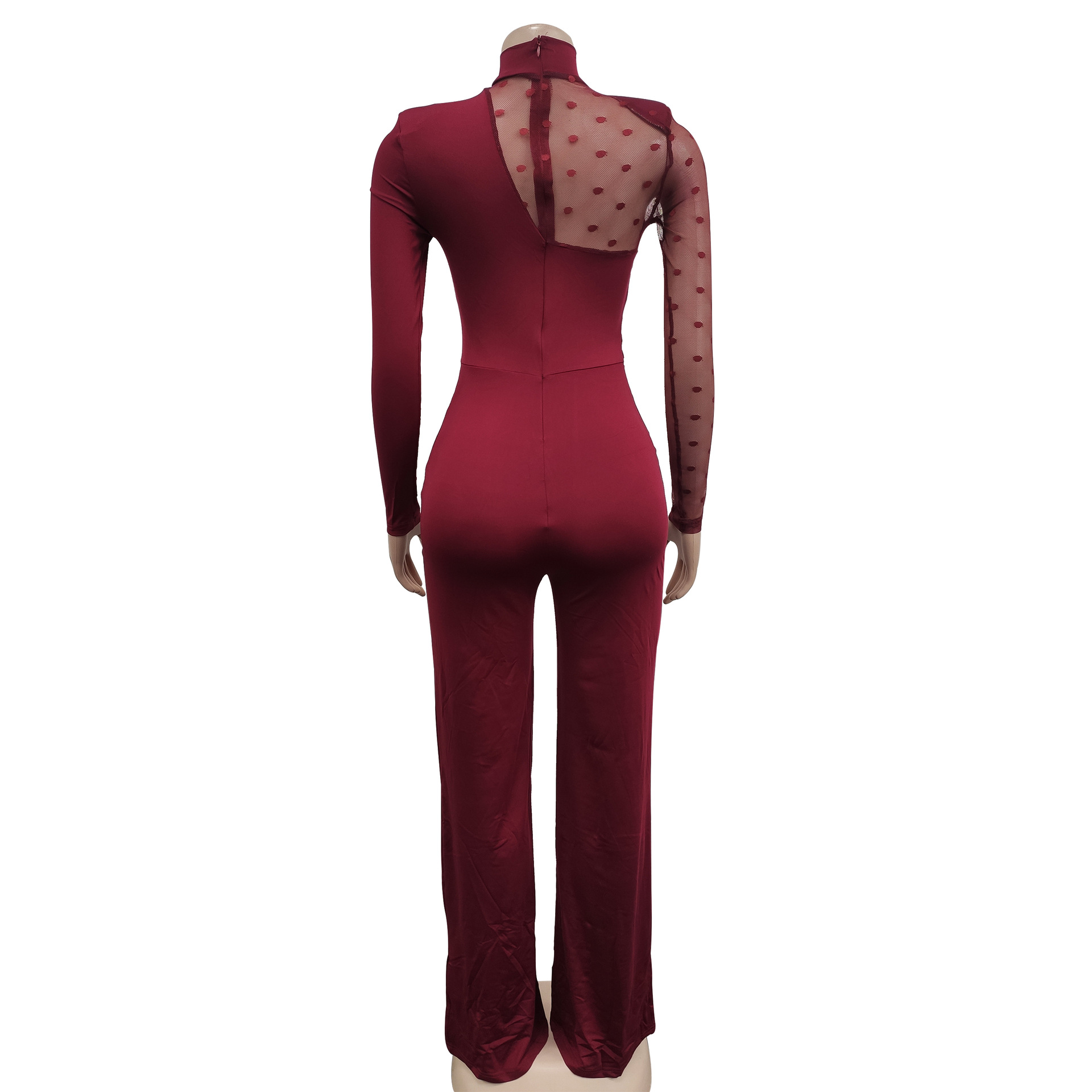 Women's Clothing fashion women's polka dot mesh see-through long-sleeved trousers solid color jumpsuit_voghion.com