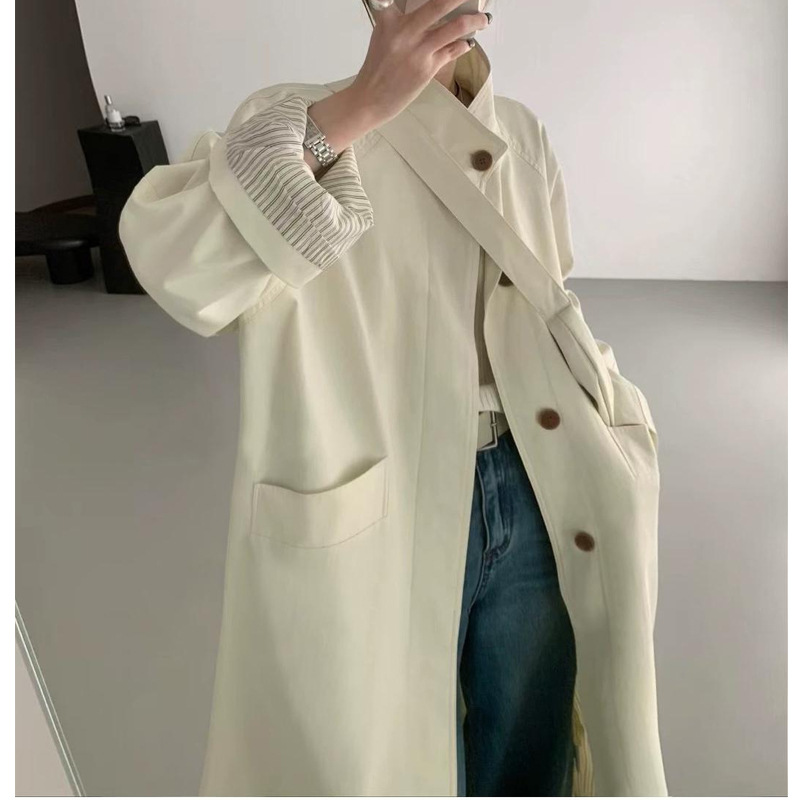 Trench-coat feminino de comprimento médio estilo coreano primavera_voghion.com