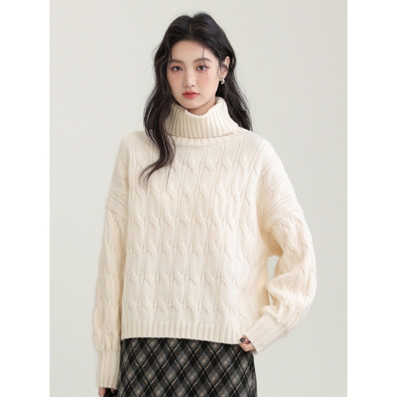 2025 Autumn/Winter New Style Apricot High-Neck Ribbed Sweater for Women, Loose and Cozy Pullover Knitwear, Soft and Thick Top
