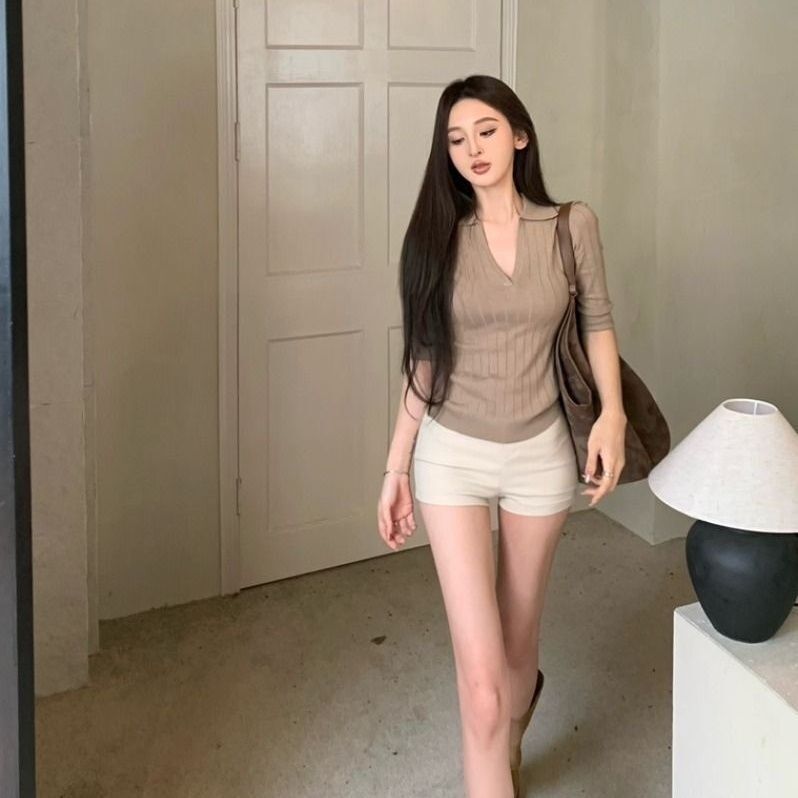 复古修身v领长袖针织衫女装秋季紧身显瘦打底衫气质chic百搭上衣|undefined
