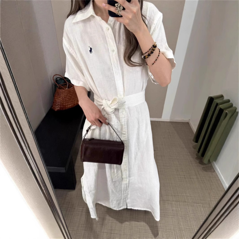 Lafu's New Loose-Fitting Embroidered Linen Short-Sleeve Dress with a Waist-Cinching Belt for Women in Summer