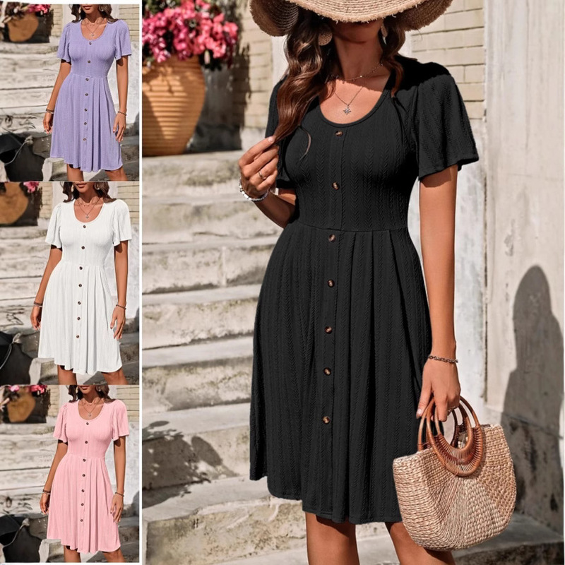 In Stock - Women's Lavender Button-Front T-Shirt Dress Elegant A-Line Knee-Length Short-Sleeved Round Neck Dress