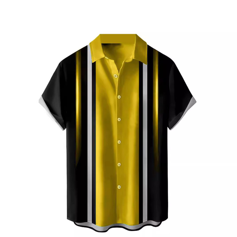2024 Cross-Border Amazon Men's Bowling Shirt Retro Short-Sleeved Gradient Stripe Printed Casual Shirt