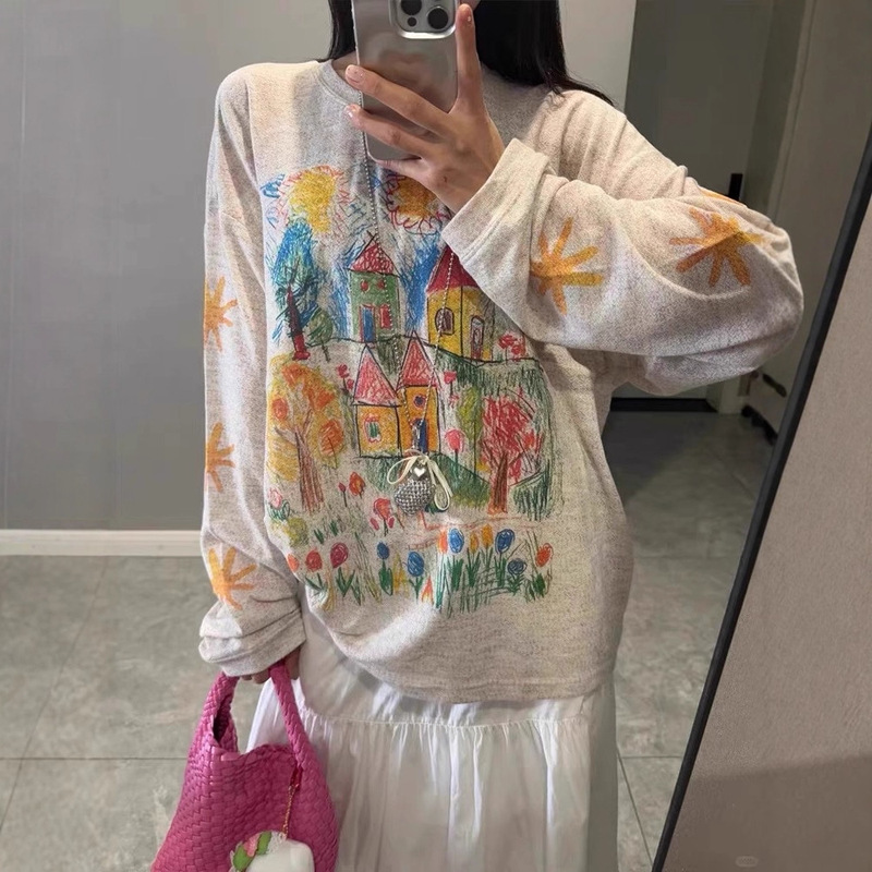 Korean Style Colorful Graffiti Sun-Protective Long-Sleeve T-Shirt for Women, Spring and Autumn, Petite Loose Outerwear, Thin Sheer Blouse Top