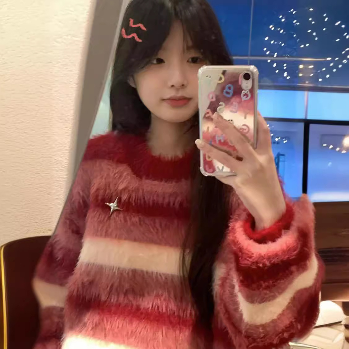 스웨터 커스텀 크리스마스 레드 스트라이프 자수 긴 벨벳 모조 밍크 울 풀오버 스웨터 브로치 니트 달콤한 귀여운