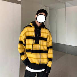 条纹连帽毛衣男士2025秋冬季新款宽松时尚百搭慵懒内搭针织衫上衣