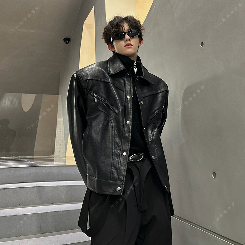 ジャケット・アウター HYPE-03 High neck leather like jacket Mens Leather Jacket Spring New American Stylish Lapel Collar