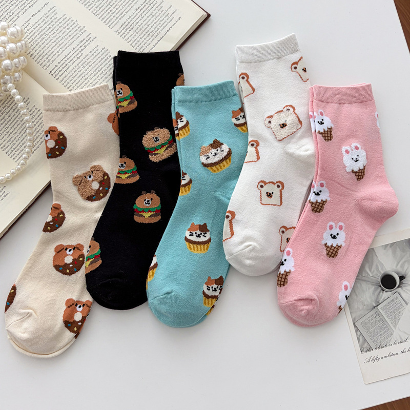 Women's Socks: New Autumn/Winter Flocked Cute Donut Design Mid-Calf Playful Bear Girl Cotton Slouch Socks Women's Socks: New Autumn/Winter Flocked Cute Donut Design Mid-Calf Playful Bear Girl Cotton Slouch Socks