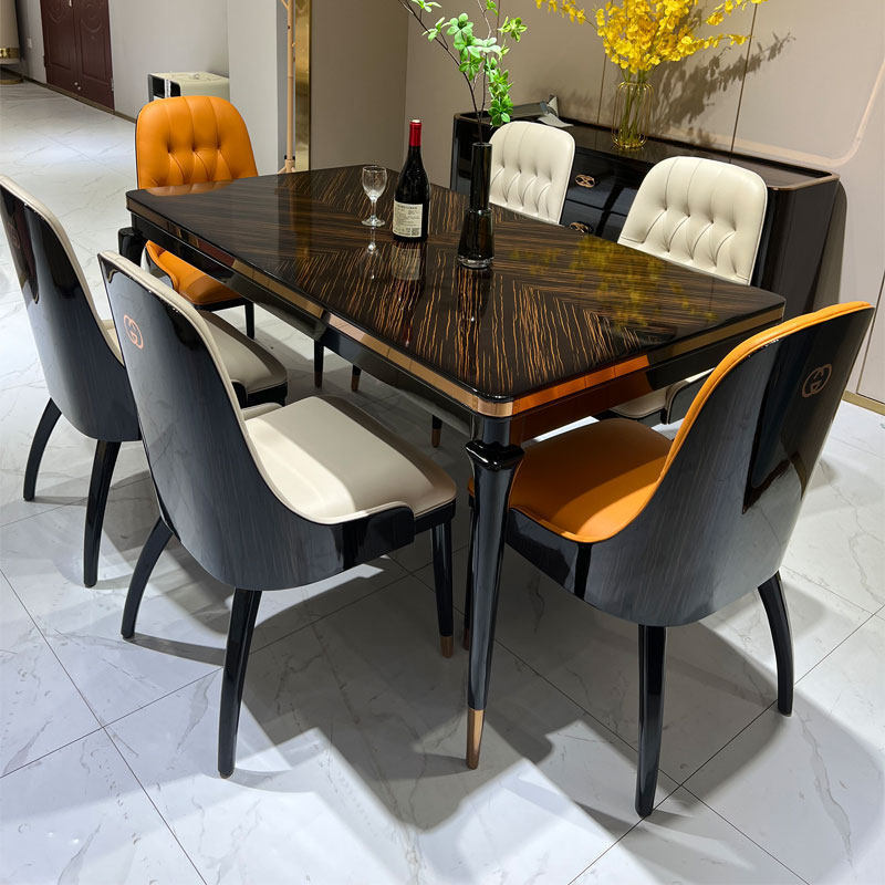 Light Luxury Marble and Solid Wood Dining Table, High-End Luxury Villa Large-Sized Home Rectangular Dining Table and Chair Set
