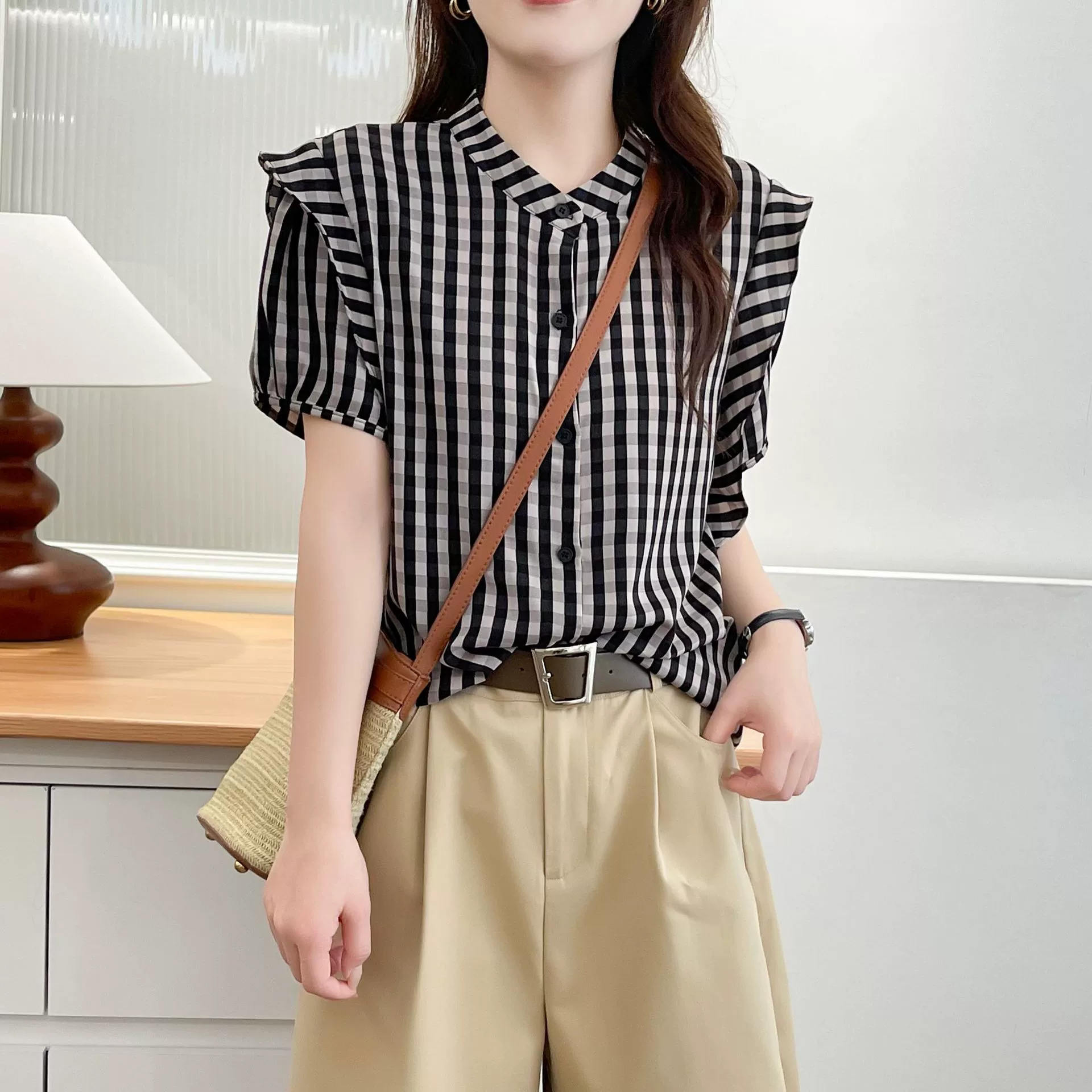 Рубашка в клетку с короткими рукавами больших размеров, женская летняя новая свободная и универсальная рубашка для похудения, шикарная рубашка 8515