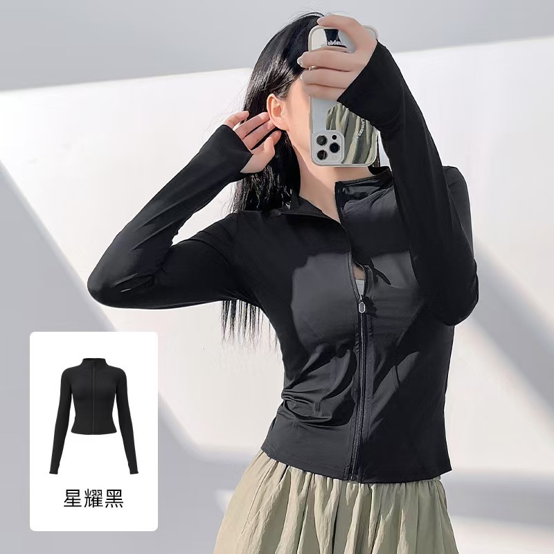 スタンドカラー日焼け止め服アイスシルク速乾性ショートヨガ服女性の夏薄い屋外サイクリングとランニング抗紫外線トップ|undefined