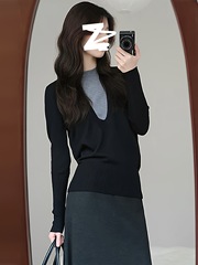 韩系chic黑色假两件长袖T恤上衣女2025秋季新款内搭打底针织小衫
