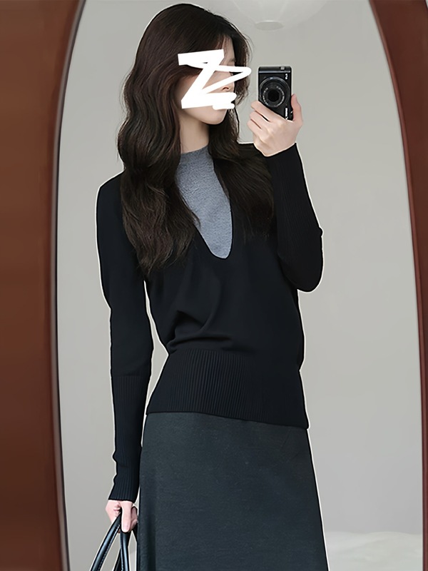 韩系chic黑色假两件长袖T恤上衣女2025秋季新款内搭打底针织小衫|undefined