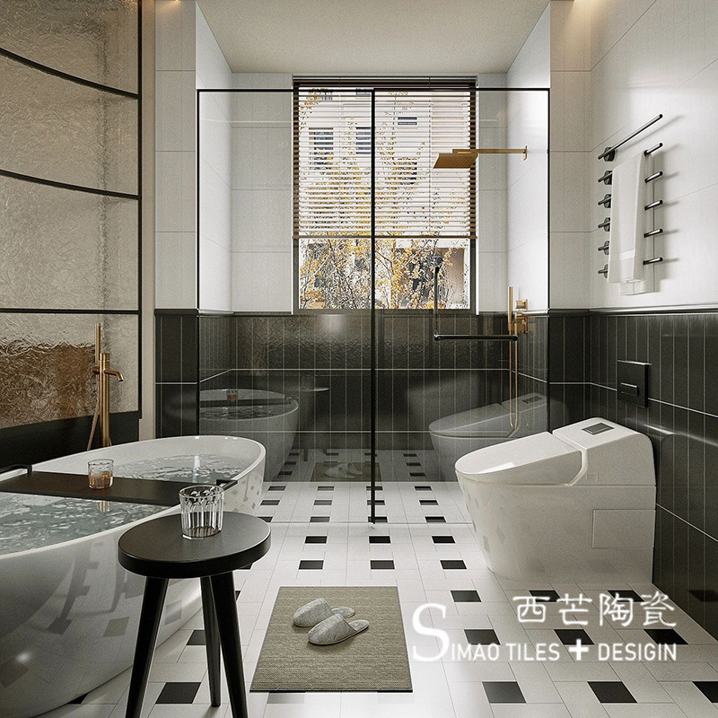Nordic black and white bright plaid tile 300x600 bathroom tile bathroom toilet non-slip floor tile French tile Nordic black and white bright plaid tile 300x600 bathroom tile bathroom toilet non-slip floor tile French tile