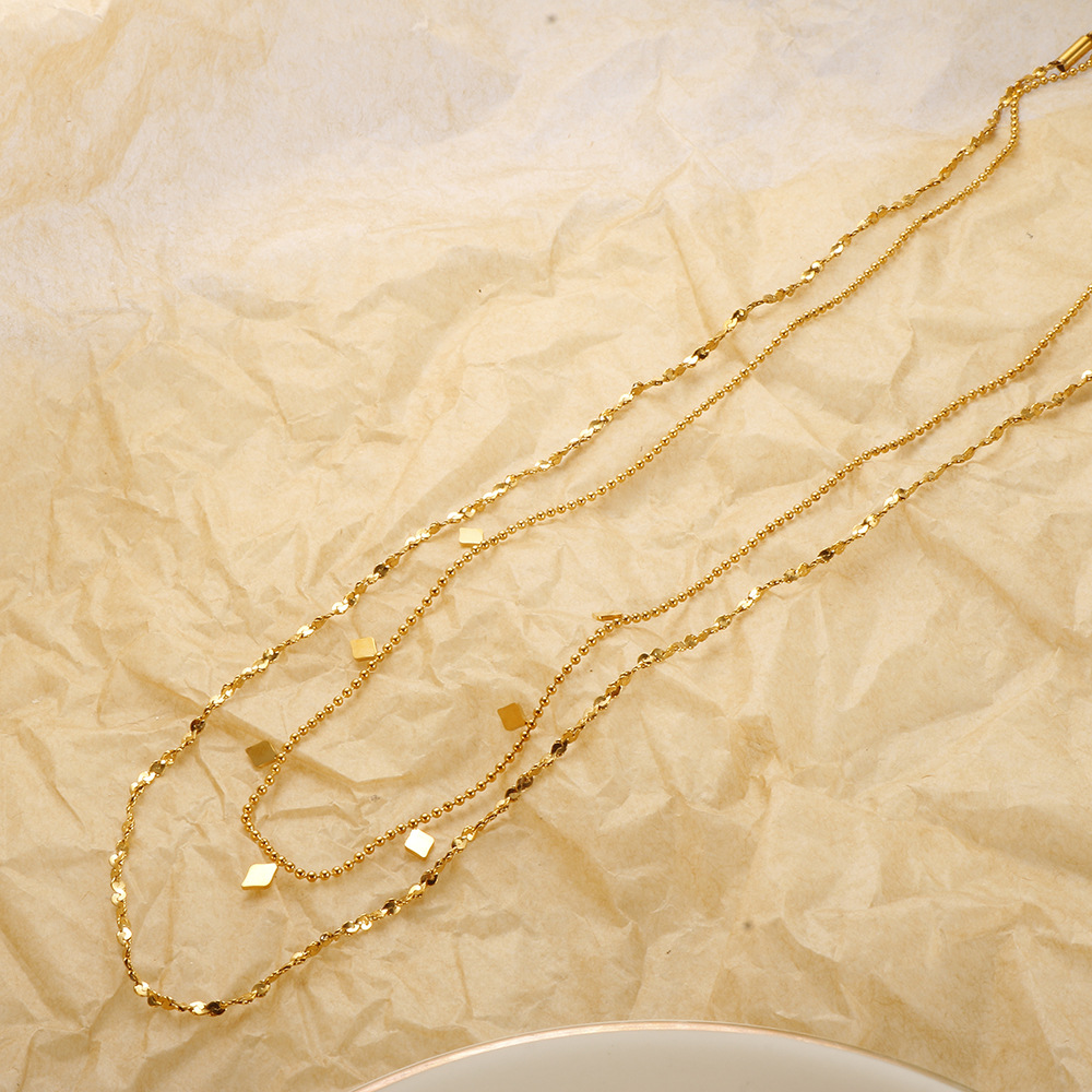 Rhombus Pattern Women'S Gender PVD Coated Real Gold Plated Rhombus Titanium Steel Fashion Waterproof Non Tarnish Layered Necklaces