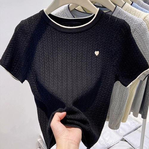 Shoulder knitted short-sleeved shirt for women 2026 summer new style contrasting color round neck embroidery short underlining shirt top