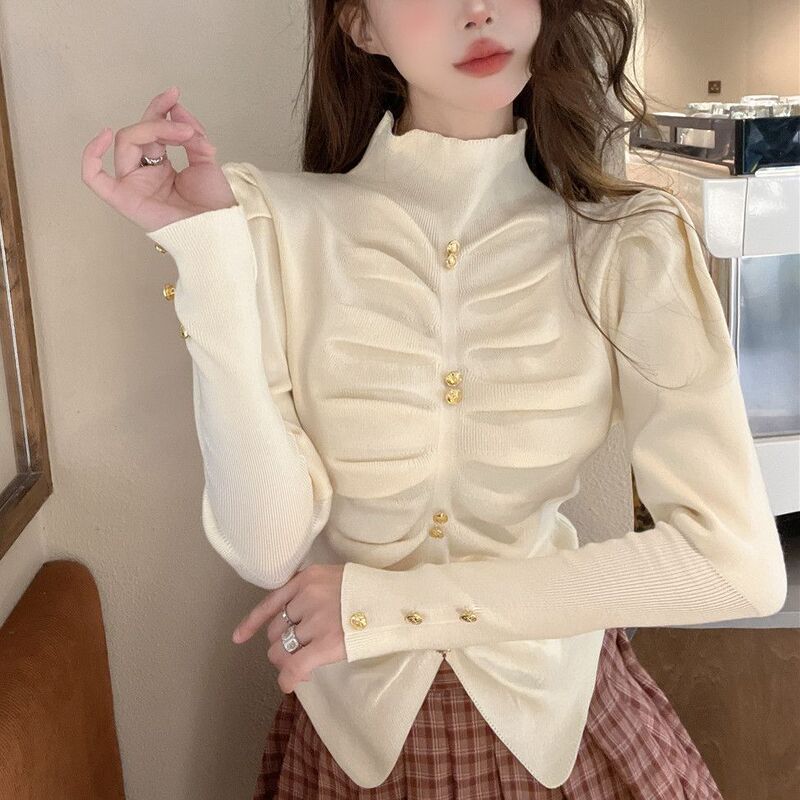 Tweed Style Button Puff Sleeve Knitwear Women's Autumn and Winter New Half Turtleneck Pleated Slim Bottoming Long-Sleeved Top