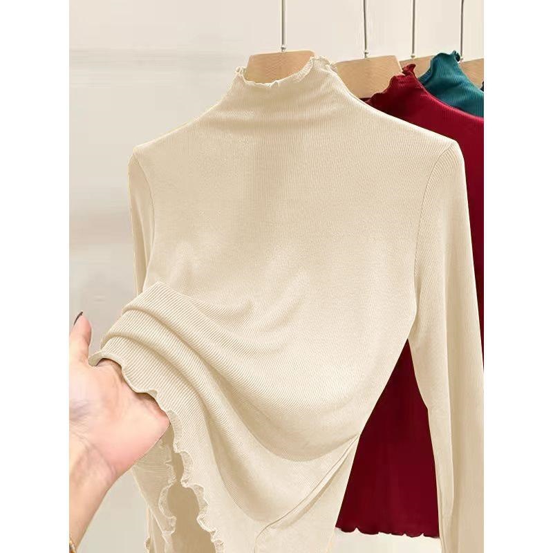 2024 새로운 하프 하이 칼라베이스 셔츠 여성용 내복 가을 및 겨울 올매치 슬림 핏 긴팔 티셔츠 여성용 최고 트렌디