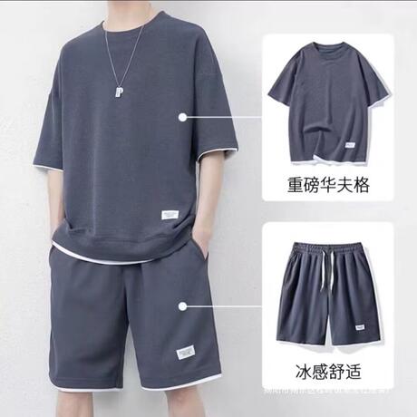 Waffles shorts suit men's summer ice silk short sleeve men's clothing set with handsome fashion brand leisure sportswear