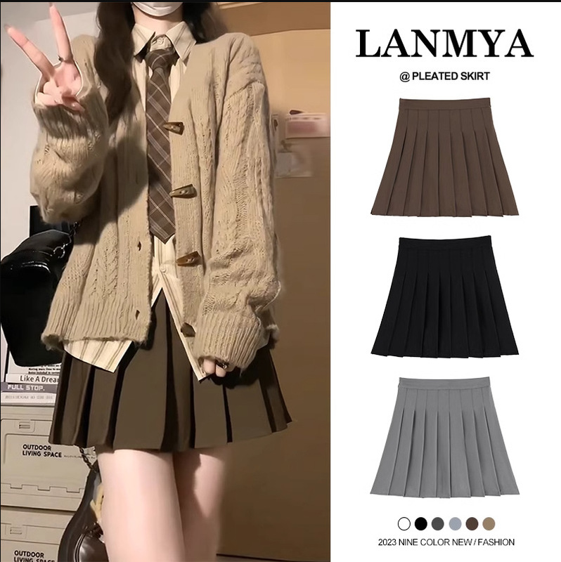Gray Pleated Skirt Short Skirt for Women Summer Japanese Style High Waist Autumn and Winter New Plaid Black Large Size A-Line Skirt