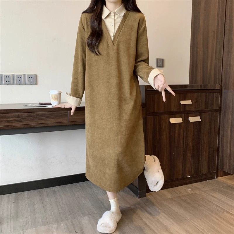 大码设计感假两件连衣裙子女秋冬季微胖mm遮肉显瘦慵懒风撞色长裙|undefined