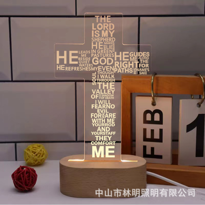 Cross-border Beech small oval cross 3D night light USB monochrome warm light bedside lamp novelty creative gift