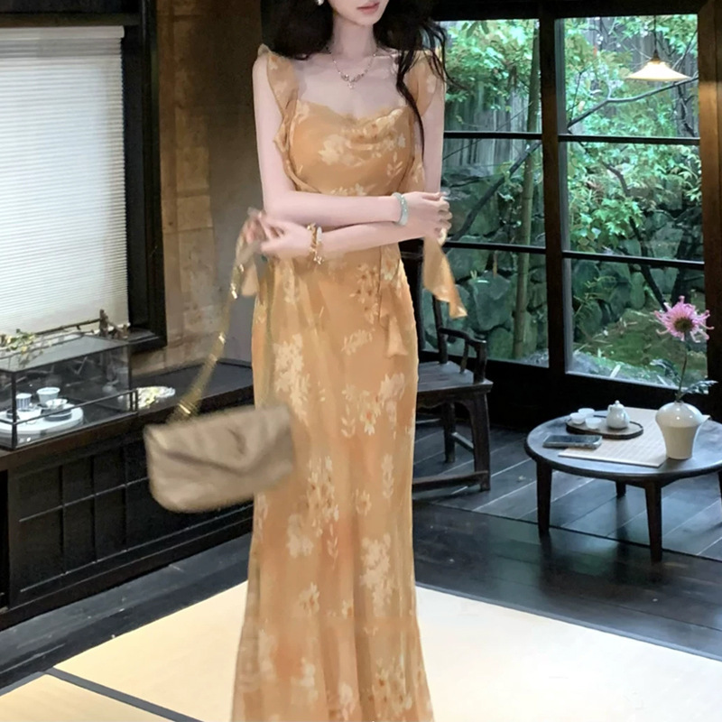 【Spring Water Condensation】Summer Flutter-Sleeve One-Piece Chiffon Printed Dress with Ruffles for Women, Mid-Length Skirt