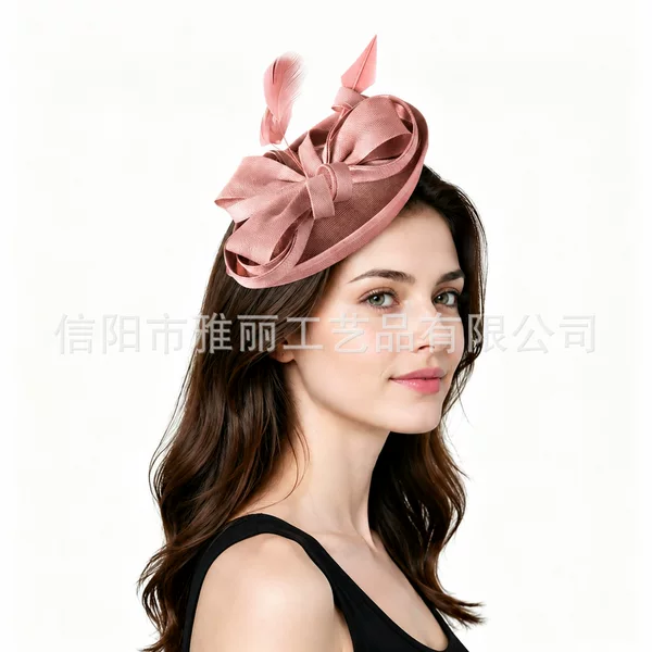 Popular bowknot mini top hat, vintage elegant feather headpiece, horse racing festival hat, faux linen headpiece